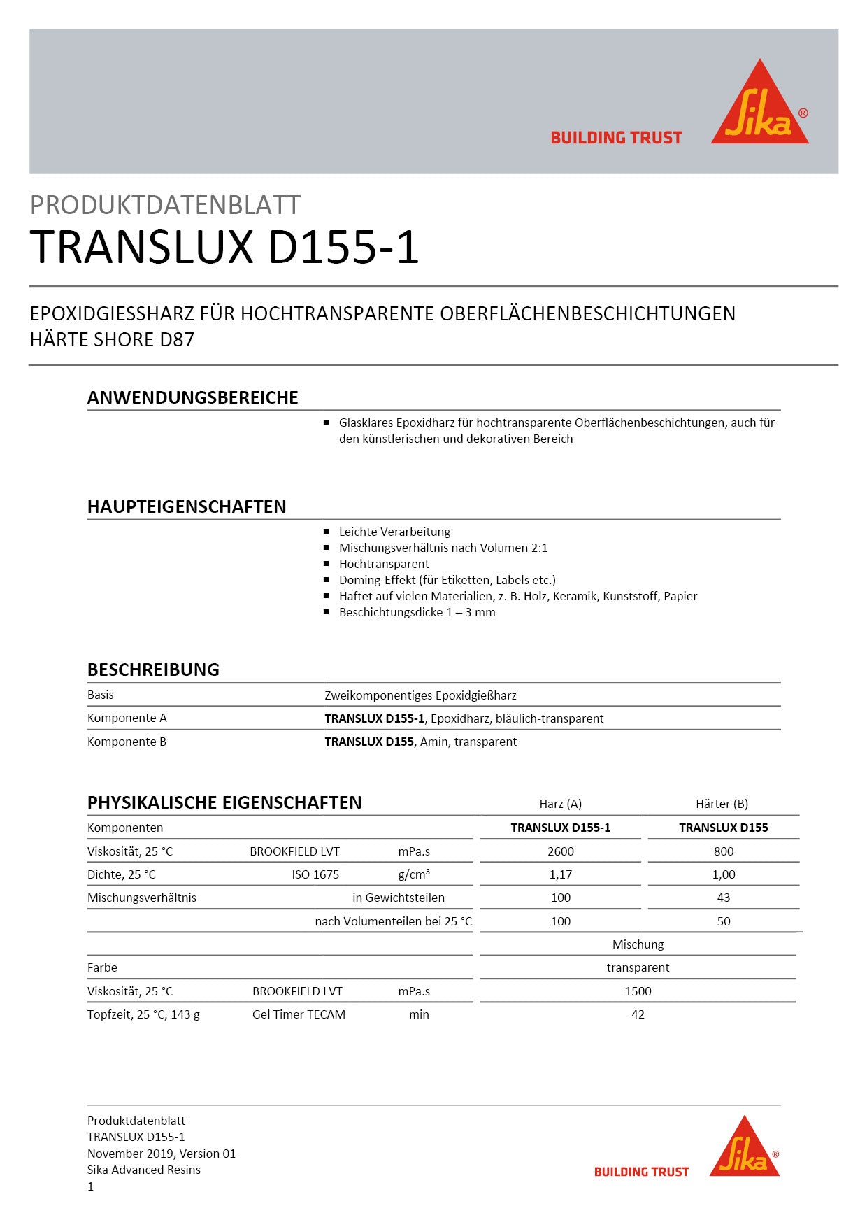 Biresin Translux D155 (Harz + Härter) 7.15kg - für hochtransparente Oberflächenbeschichtung